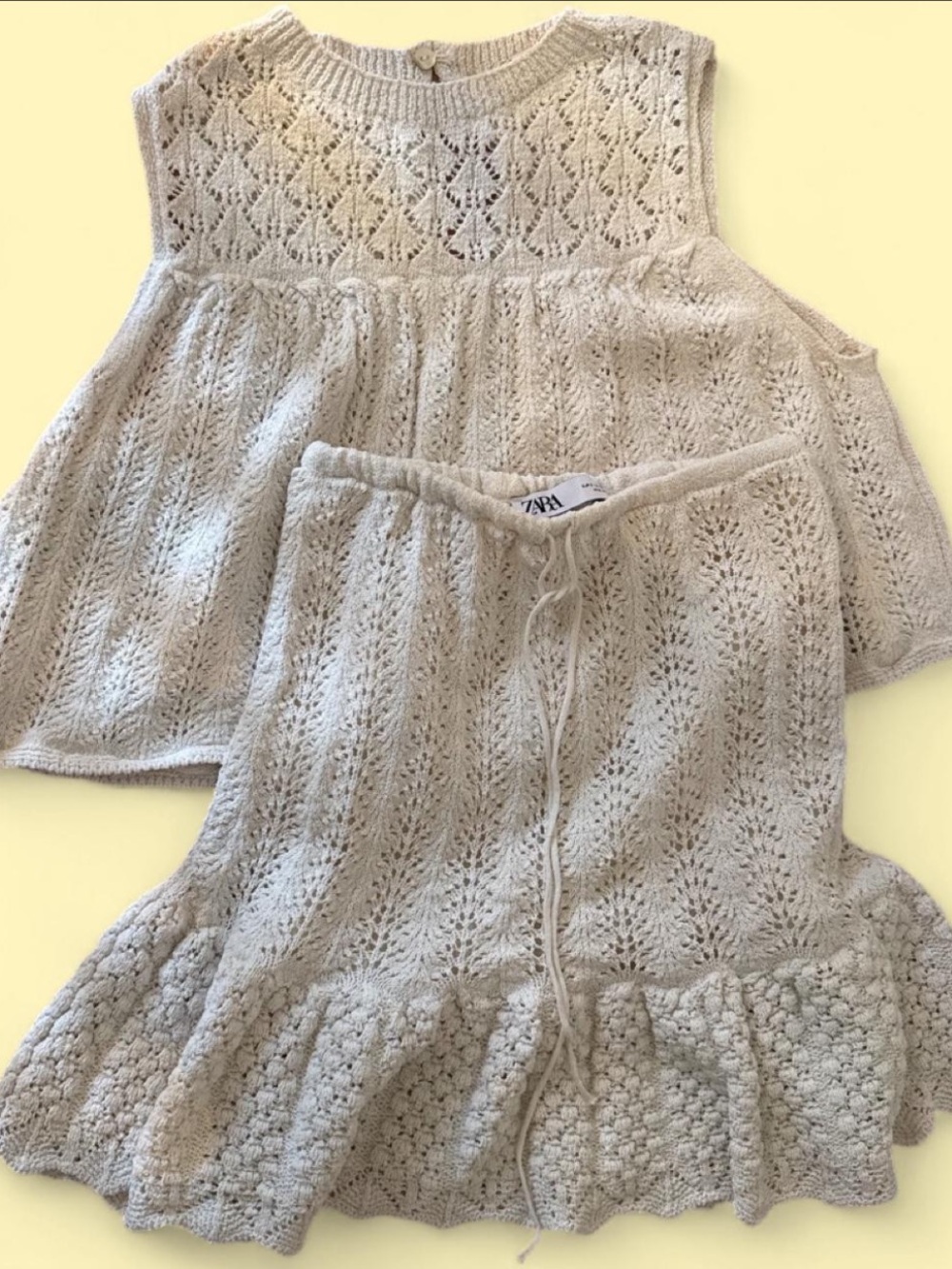 Zara Cream Openwork Knit Top & Ruffle Hem Skirt Set